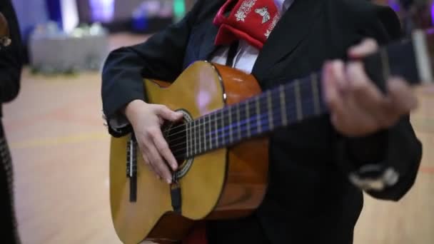 Close-up van de hand van een man die speelt de gitaar — Stockvideo