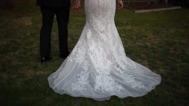 Uitzicht vanaf de achterkant, de bruid en bruidegom lopen en de trein jurk op de grond — Stockvideo