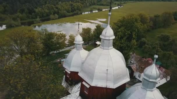 Aero, old wooden Ukrainian orthodox church — Stock Video