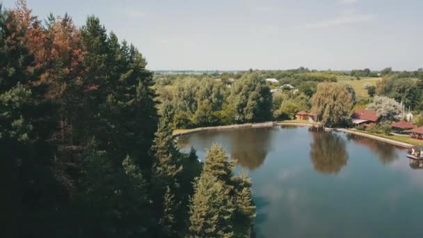 Letecký výhled, jezero v lese, domy na břehu Ukrajiny — Stock video