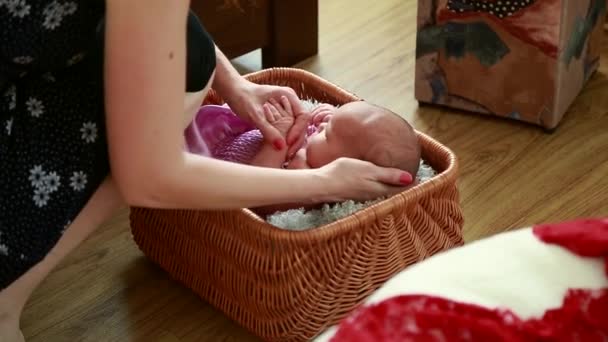 O fotógrafo prepara uma menina recém-nascida para uma sessão de fotos, muda de roupa, muda de planos de fundo — Vídeo de Stock