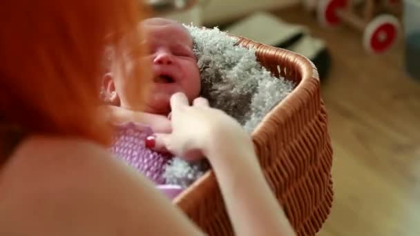 O fotógrafo prepara uma menina recém-nascida para uma sessão de fotos, muda de roupa, muda de planos de fundo — Vídeo de Stock