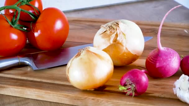 DOLLY. Radish onion tomato knife and other vegetables on a kitchen board — Stock Video