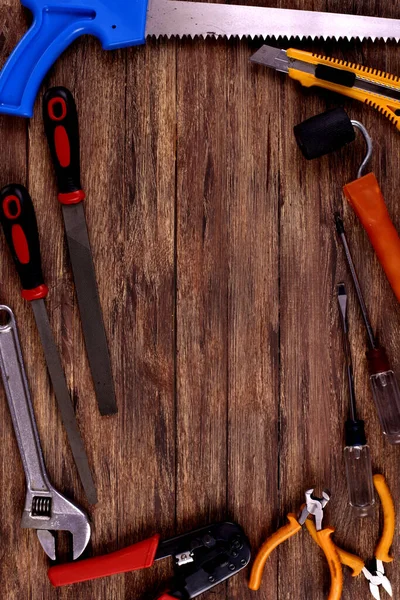 Construction Equipment and copy space on the Wood — Stock Photo, Image