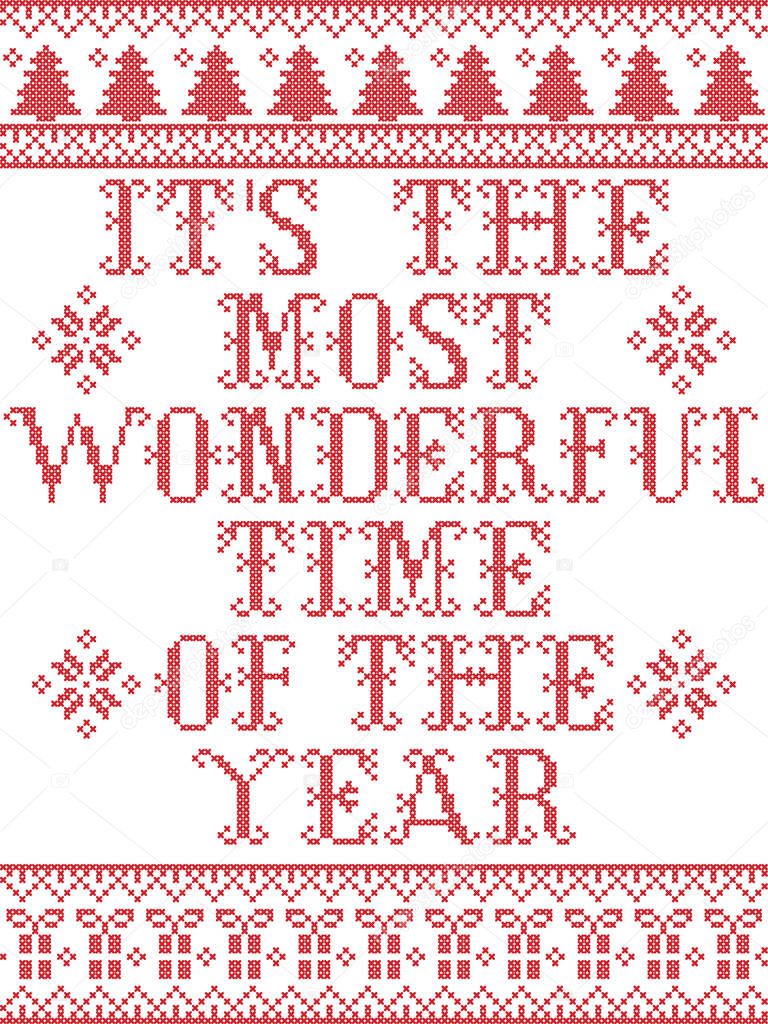 Its the most wonderful time of the year  Scandinavian vector seamless pattern inspired by nordic culture festive winter in cross stitch with heart, snowflake, star,  snow, Christmas tree