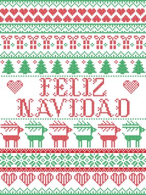 Sorunsuz Feliz Navidad İskandinav tarzı, Norveç Noel, Festival kış desende dikiş Ren geyiği, yılbaşı ağacı, kalp, kar taneleri, kar, kırmızı, beyaz, yeşil hediye ile çapraz esinlenerek