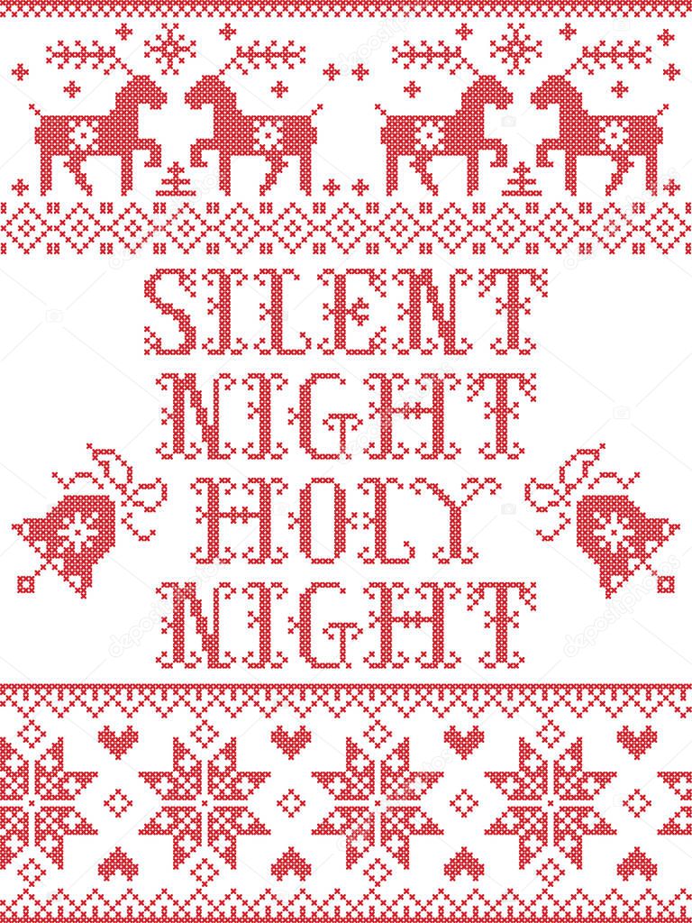 Christmas pattern Silent night Holy night vector seamless pattern inspired by Nordic culture festive winter in cross stitch with heart, snowflake, bell, reindeer, Christmas ornaments in red and white