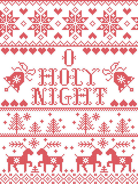 Christmas pattern O holy night Christmas carol vector seamless pattern inspired by Nordic culture festive winter in cross stitch with heart, snowflake, snow ,Christmas tree,  reindeer, Christmas ornaments 