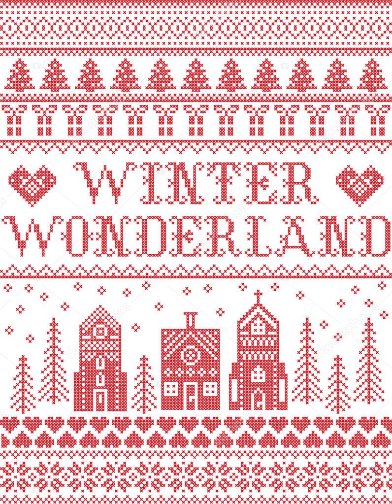 Christmas pattern with Winter Wonderland village  vector seamless pattern inspired by Nordic culture festive winter in cross stitch with heart, snowflake, snow ,Christmas tree,  church in red