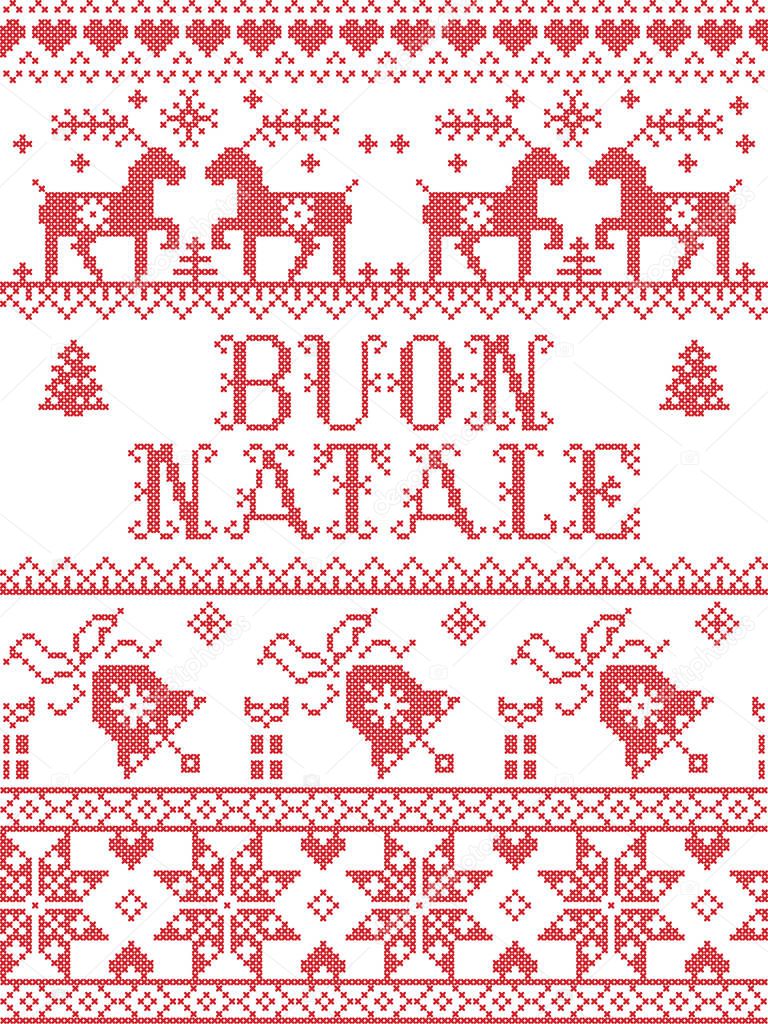Christmas pattern Italian Merry Christmas Buon Natale vector seamless pattern inspired by Nordic culture festive winter in cross stitch with heart, snowflake, snow ,Christmas tree,  reindeer, present, ornaments