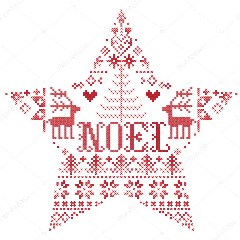 Christmas pattern in star  shape with Noel word vector inspired by Nordic culture festive winter in cross stitch with hearts, reindeer, decorative ornaments, snowflake in red, stitch in cross stitch