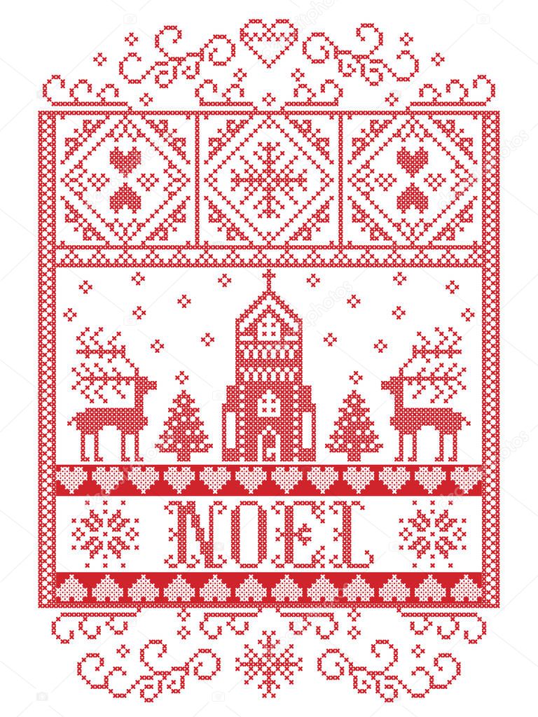 Elegant Vector Scandinavian Noel background, Nordic style Christmas  pattern including snowflake, heart, reindeer, Christmas tree, snow, snowflake, chapel in winter wonderland in white, red