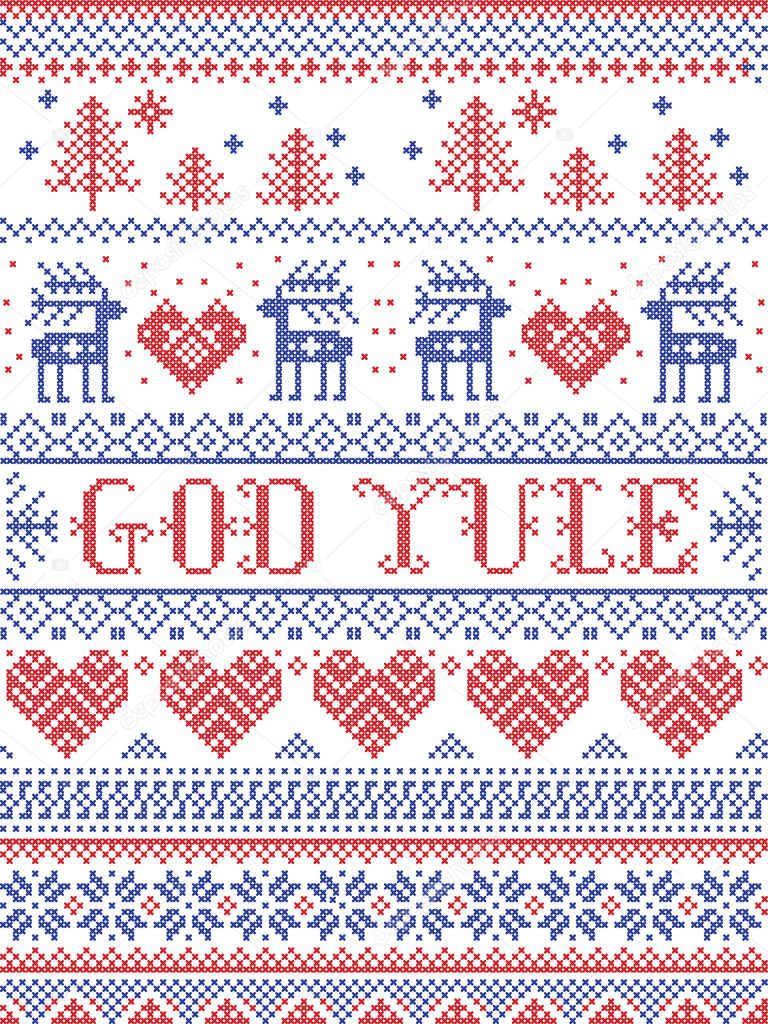 Christmas pattern Merry Christmas in Norwegian God Yule vector seamless pattern inspired by Nordic culture festive winter cross stitch with heart, snowflake, snow, Christmas tree,  reindeer red ,blue