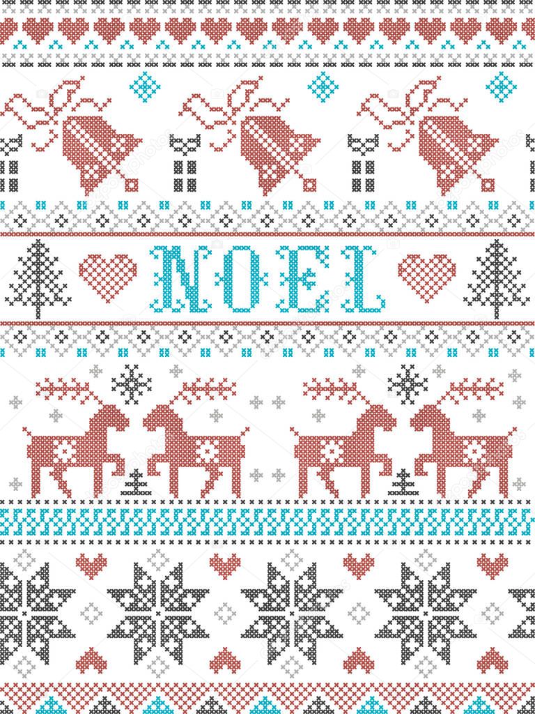 Christmas Pattern Noel Scandinavian style, inspired by Norwegian festive winter culture,  seamless,  in cross stitch with reindeer, Christmas tree, heart, gifts,  bell, stars, snow in gray, blue, red