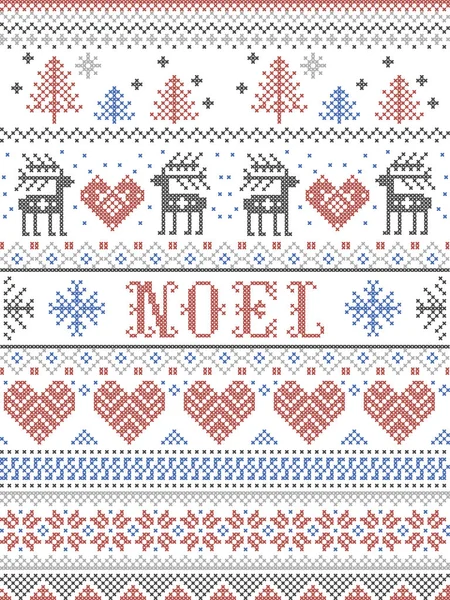 圣诞图案诺埃尔斯堪的那维亚风格 灵感来自挪威节日冬季文化 在十字绣与驯鹿 圣诞树 雪在灰色 — 图库矢量图片