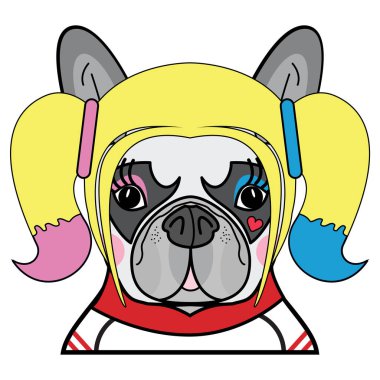 Çocuklar stil sevimli Fransız bulldog kadın köpek süper kahraman çizgi karakter vektör renkli 