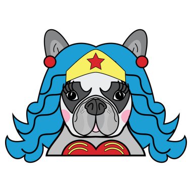 Çocuklar stil sevimli Fransız bulldog kadın köpek süper kahraman kadın çizgi karakter vektör renkli 
