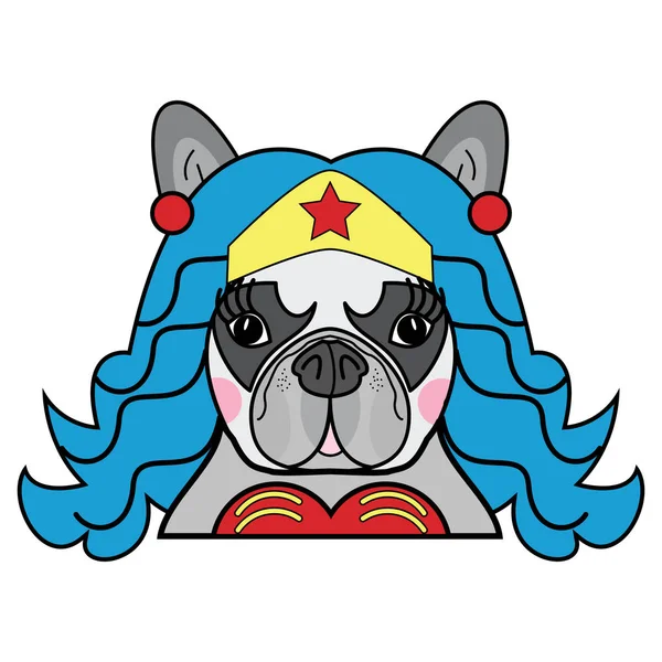 Kids Style Cute French Bulldog Female Dog Superhero Woman Comic — Stock Vector