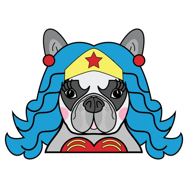 Çocuklar stil sevimli Fransız bulldog kadın köpek süper kahraman kadın çizgi karakter vektör renkli 