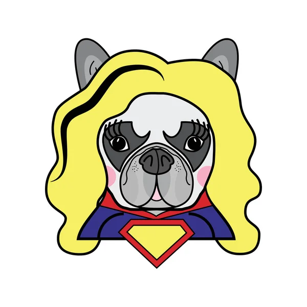 女孩室儿童风格可爱的法国斗牛犬雌性狗超级英雄妇女漫画书字符向量在颜色 — 图库矢量图片