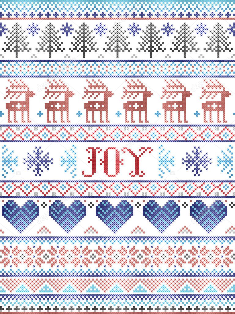 Simple Joy Christmas pattern with Scandinavian  Nordic festive winter pasterns in cross stitch with heart, snowflake, snow, Christmas tree, reindeer, forest, star, snowflakes in white,red, gray, blue