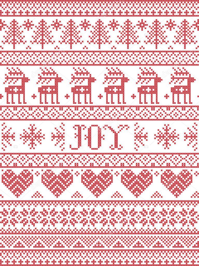 Simple Joy Christmas pattern with Scandinavian  Nordic festive winter pasterns in cross stitch with heart, snowflake, snow, Christmas tree, reindeer, forest, star, snowflakes in white,red