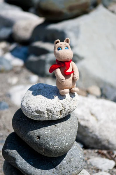 Dombay, Rusya - 08.21.2019 Taş üzerinde oturan Genç Mumintroll