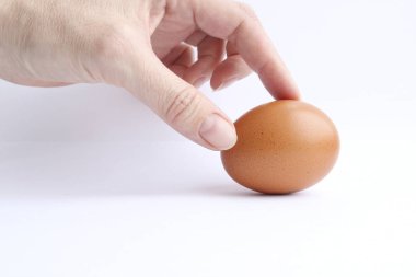 El ışık arka plan üzerinde izole kahverengi tavuk yumurta tutar.