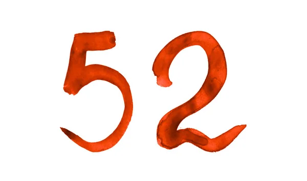 Die Zahl 52, mit einem Pinsel in Aquarell gemalt. Jahrgangssymbole — Stockfoto