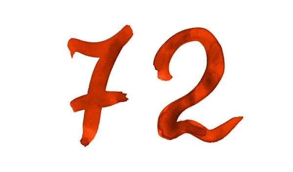 Die Zahl 72, mit einem Pinsel in Aquarell gemalt. Jahrgangssymbole — Stockfoto
