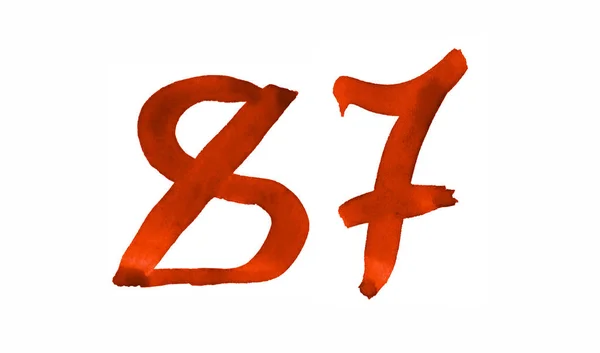 Die Zahl 87, mit einem Pinsel in Aquarell gemalt. Jahrgangssymbole — Stockfoto