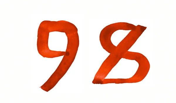 The number 98, painted with a brush in watercolor. Vintage symbo — Stock Photo, Image