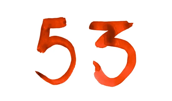 O número 53, pintado com um pincel em aquarela. Símbolo vintage — Fotografia de Stock