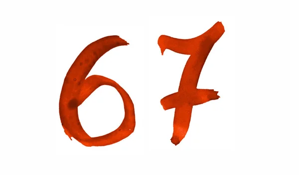 O número 67, pintado com um pincel em aquarela. Símbolo vintage — Fotografia de Stock