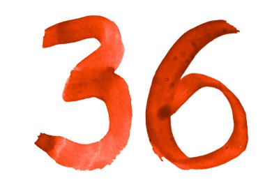 The number 36, painted with a brush in watercolor. Vintage symbo