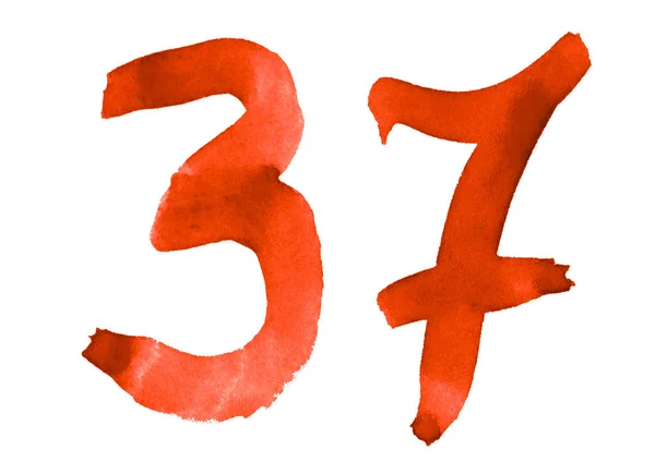 Die Zahl 37, mit einem Pinsel in Aquarell gemalt. Jahrgangssymbole — Stockfoto