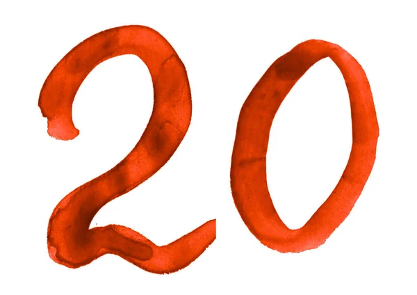 Die Zahl 20, mit einem Pinsel in Aquarell gemalt. Jahrgangssymbole — Stockfoto