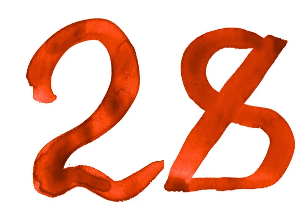 O número 28, pintado com um pincel em aquarela. Símbolo vintage — Fotografia de Stock