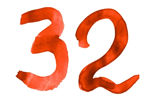 The number 32, painted with a brush in watercolor. Vintage symbo — Stock Photo, Image