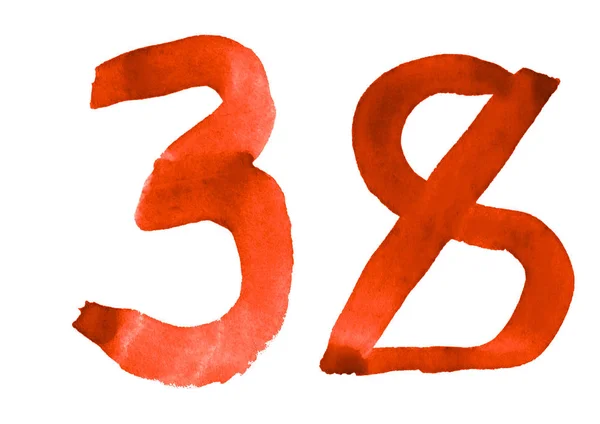 Die Zahl 38, mit einem Pinsel in Aquarell gemalt. Jahrgangssymbole — Stockfoto