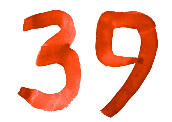 The number 39, painted with a brush in watercolor. Vintage symbo — Stock Photo, Image