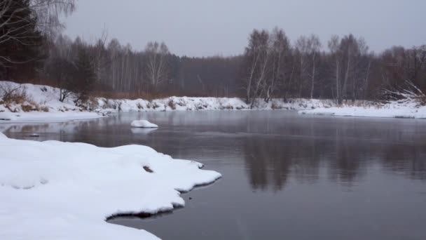 Vinterlandskap - icke-frysning flodflödena bland snötäckta floden kuster en björkskog. — Stockvideo