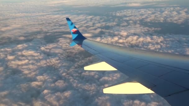 Et fly fra China Southern Airlines flyr over cumulus, skyer i solnedgangslys . – stockvideo