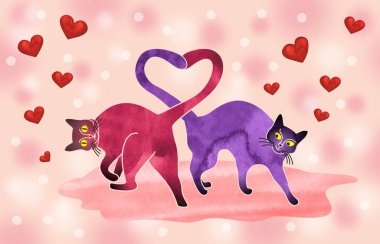 Menekşe kedi ve bordo kedi kalp şeklinde kuyrukları sarmış. Kartpostallar için şablon. Komik bir yavru karakter ile illüstrasyonlar seti.