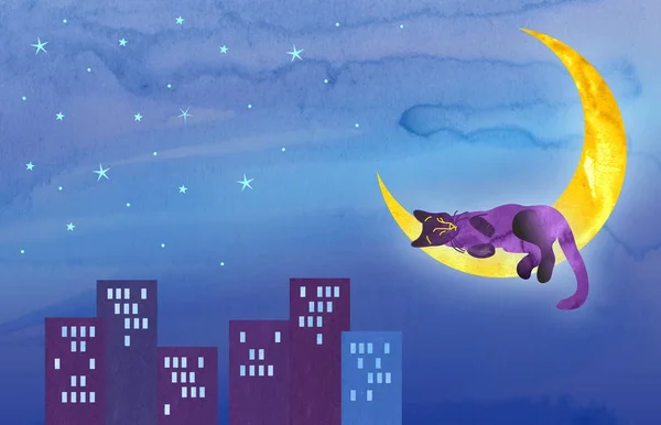 Violet cat sleeps on a crescent over the night city. Set of illustrations with a funny kitten character.