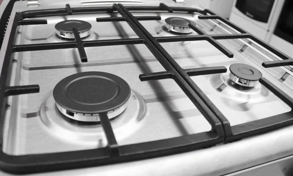 New Modern Gas Stove Four Burners Kitchen Stainless Steel Surface — Stock Photo, Image