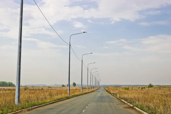 Asphalt road and lighting lights on the side of the road at the entrance to the city.