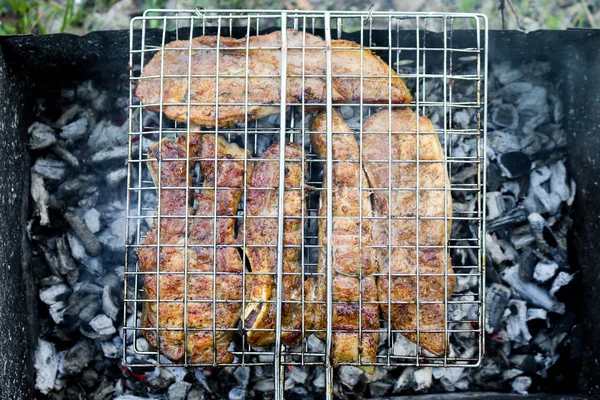 Delicious Appetizing Pork Ribs Baked Grill Charcoal Barbecue Juicy Meat — Stock Photo, Image