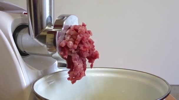 Grinding meat with an electric meat grinder. Minced meat climbs from a meat grinder. Preparing raw meat for cooking. The very beginning. — Stock Video