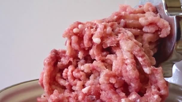 Grinding meat with an electric meat grinder. Minced meat climbs from a meat grinder. Preparing raw meat for cooking. — Stock Video